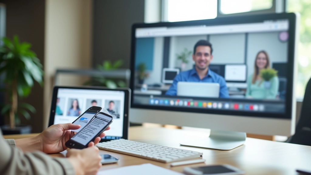 Testing website on multiple devices including tablet, smartphone, and desktop computer arranged on table