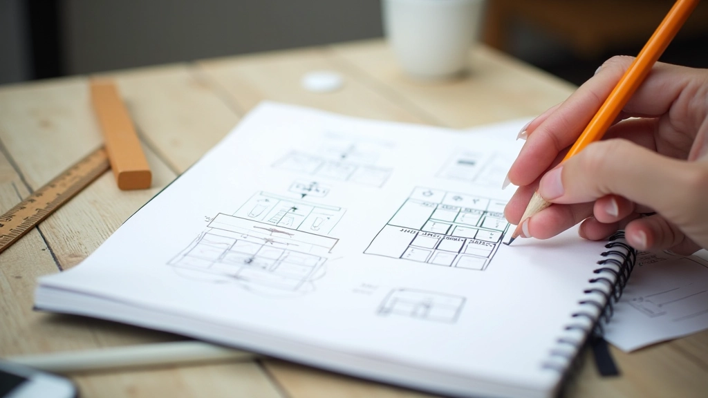 Wireframe sketch showing a grid-based layout with multiple columns and rows for responsive web design
