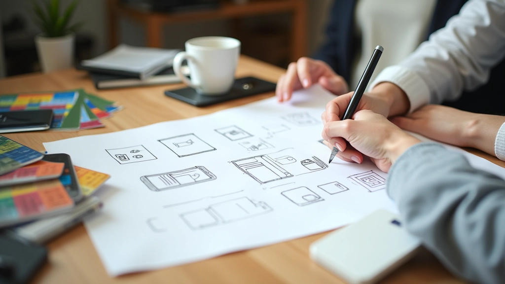 Designer sketching wireframes on paper at wooden desk with coffee and design tools nearby