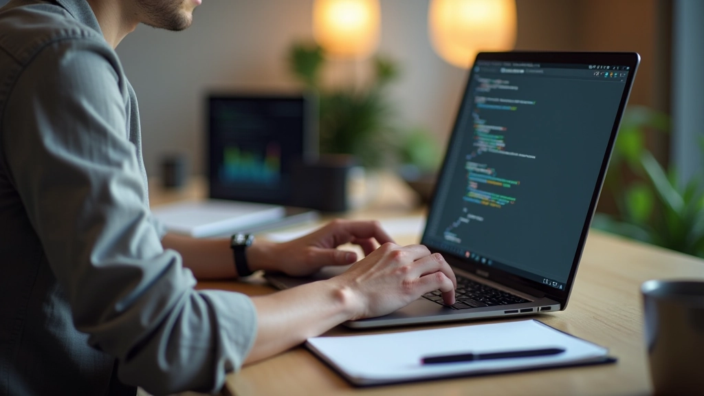 Freelancer at desk working on laptop with code