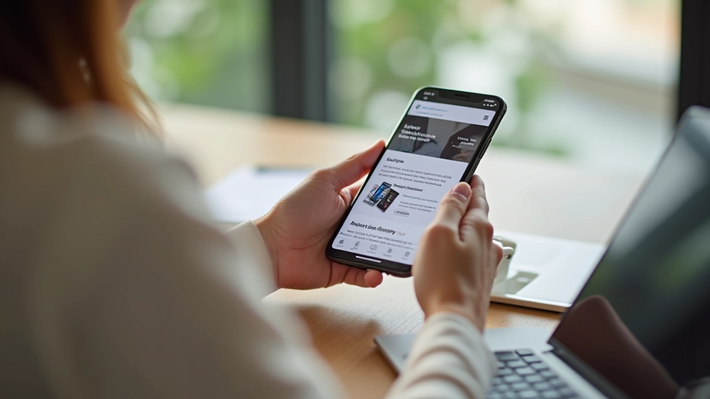 Hands holding mobile smartphone with website displayed on screen, sitting at wooden table with coffee cup and notebook visible, natural daylight from window