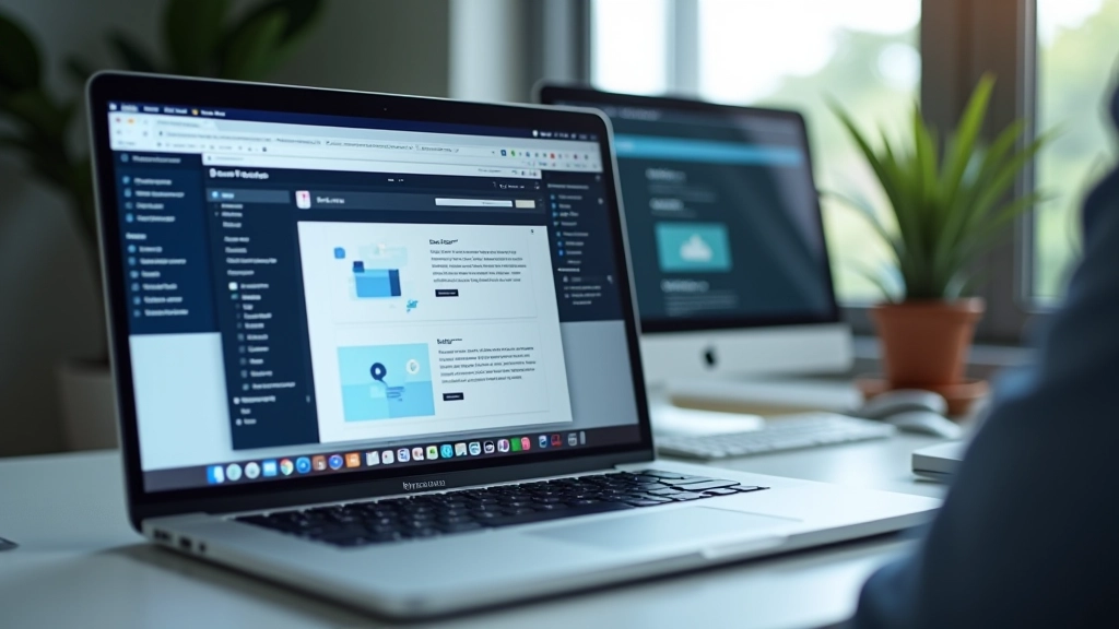 Laptop screen showing Responsively App with website previewed across multiple device viewports simultaneously, developer workspace, ambient desk lighting