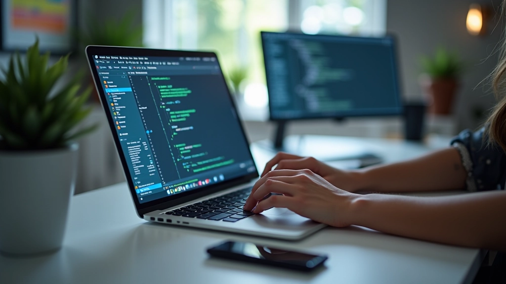 Laptop screen showing developer tools with viewport simulator and CSS debugging for responsive design testing