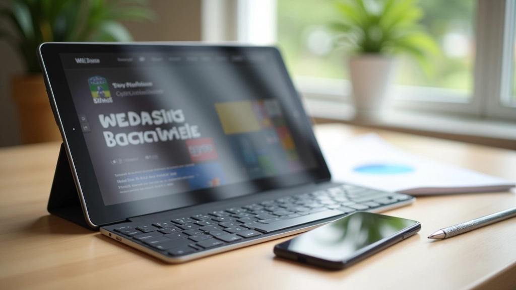 Tablet and smartphone displaying responsive website side by side, tablet tilted at angle on wooden desk with design sketches and color palette visible nearby
