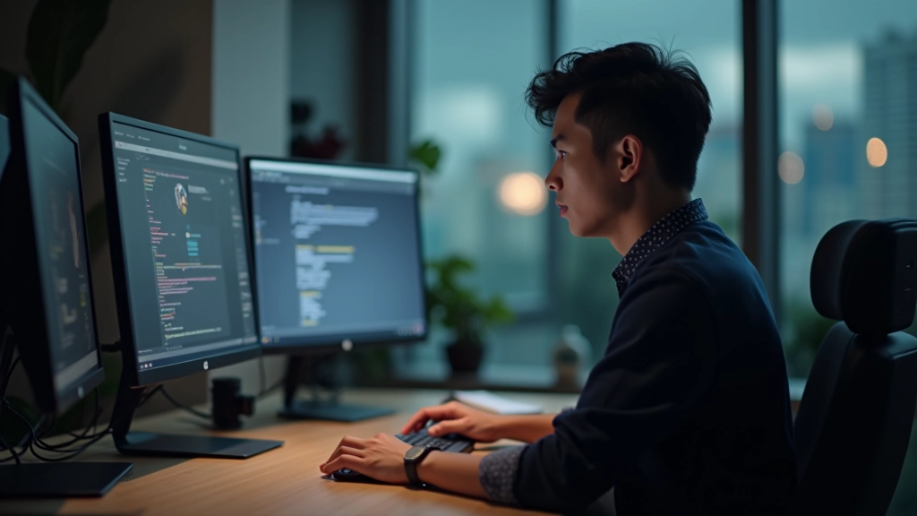 Designer working at desk with design software showing responsive breakpoints and CSS code on dual monitors